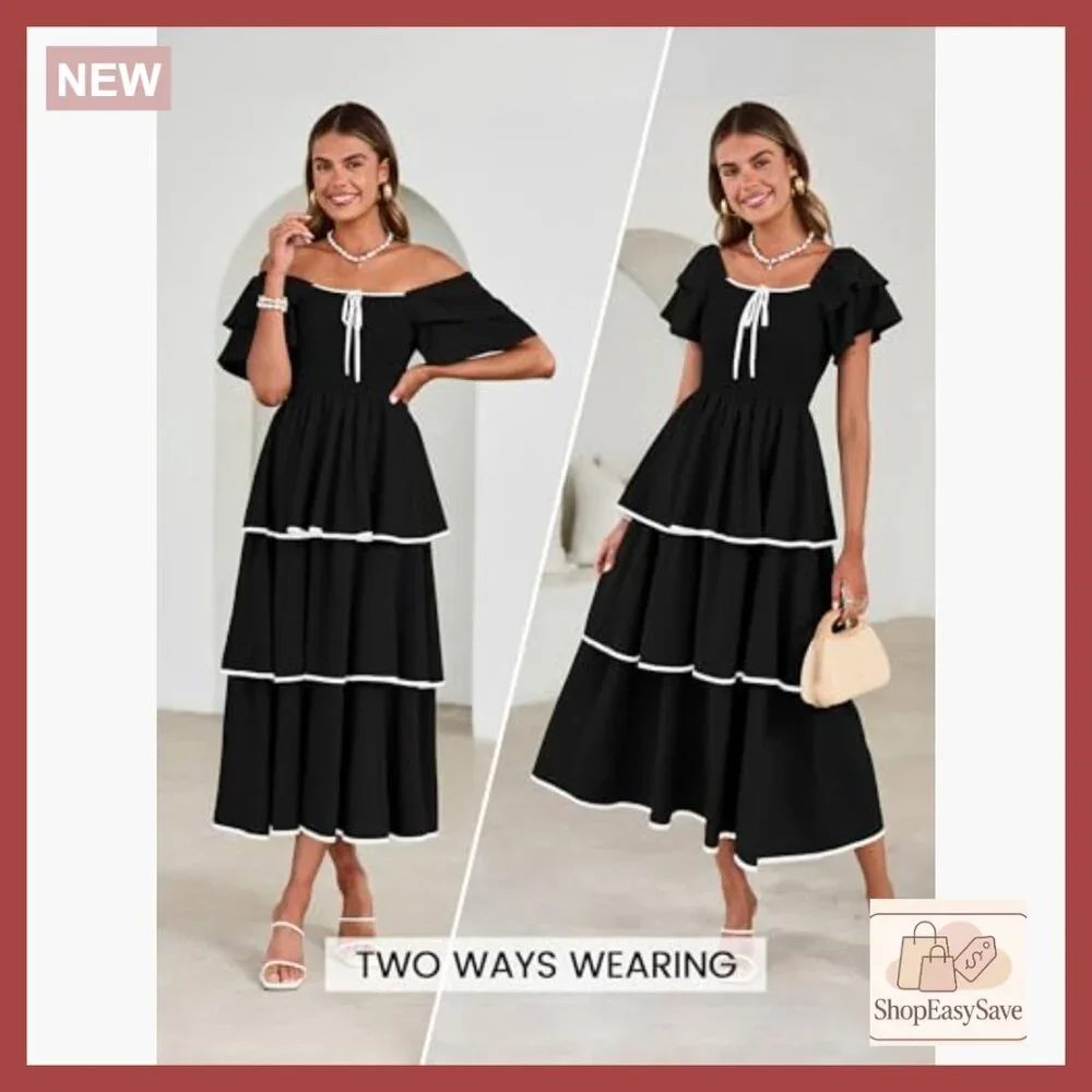 Boho Maxi Dress Smocked Tiered Square Neck Ruffle Casual Wedding Guest - Picture 2 of 7